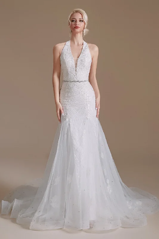 White Mermaid Halter Sweep Train Wedding Dress with Lace