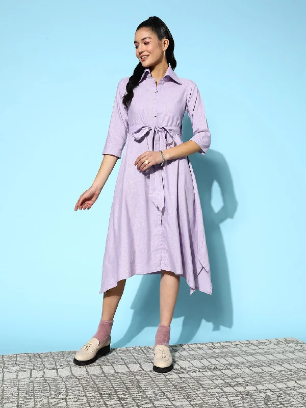 Women's Lavender Cotton Lurex Fit And Flare Dress With Buttons - Yufta