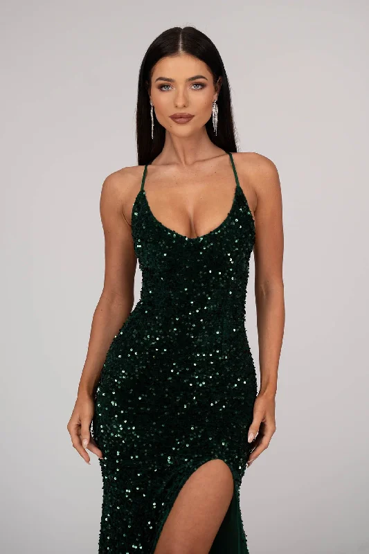 Zelda Side Slit Velvet Sequin Gown - Emerald