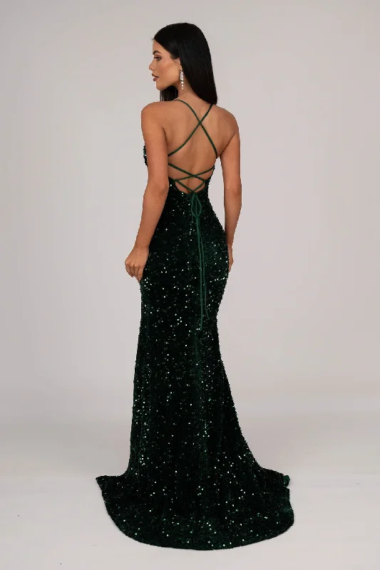 Zelda Side Slit Velvet Sequin Gown - Emerald