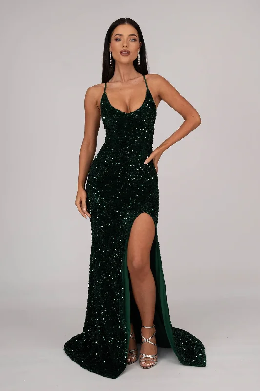 Zelda Side Slit Velvet Sequin Gown - Emerald