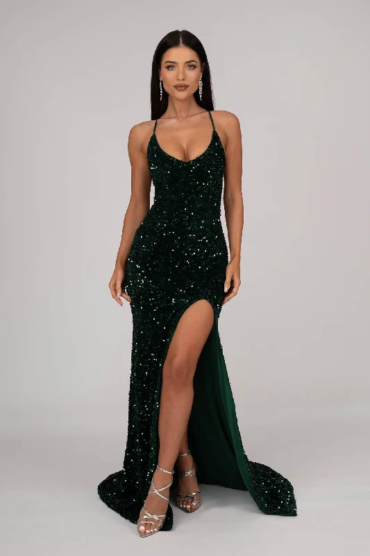 Zelda Side Slit Velvet Sequin Gown - Emerald