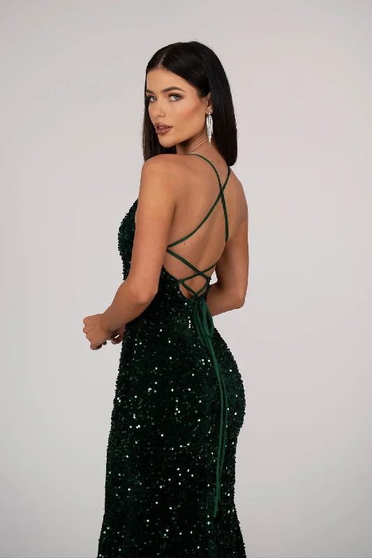 Zelda Side Slit Velvet Sequin Gown - Emerald