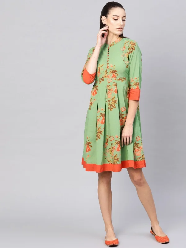 Women's  Green & Orange Floral Printed A-Line Dress - AKS