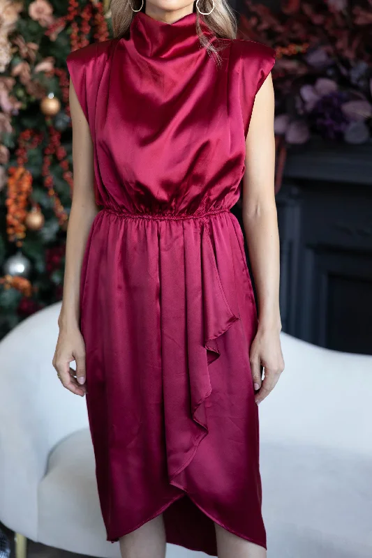 All Eyes On You Ruby Red Satin Midi Dress