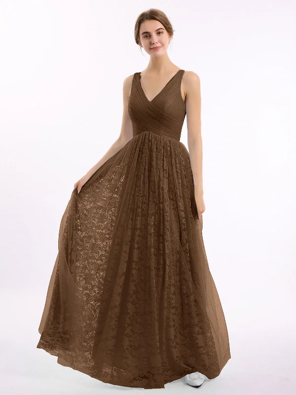 V neck Lace Lining And Tulle Dresses Brown