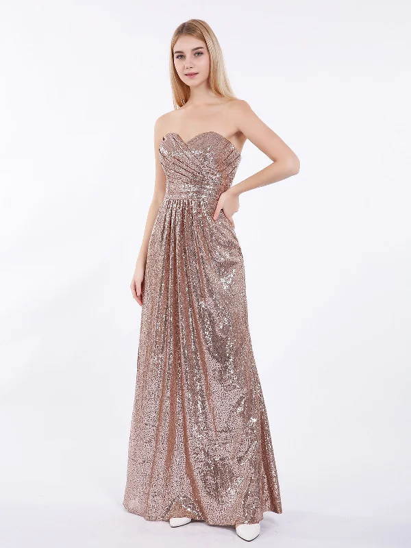 Strapless Full Length Sequins Dress Metallic Gold