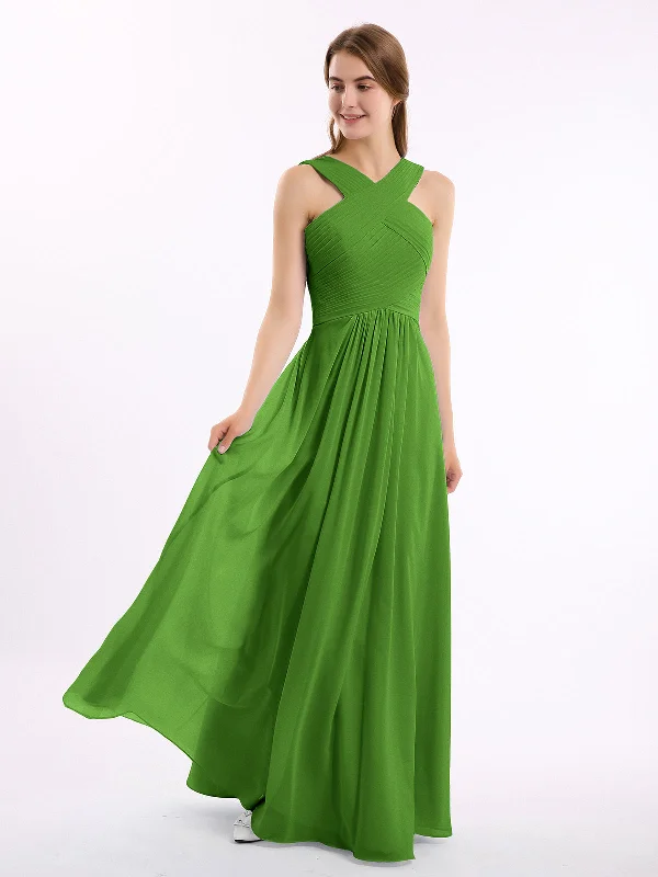 Cross Shoulder Strap Chiffon Dress with Empire Waist Moss