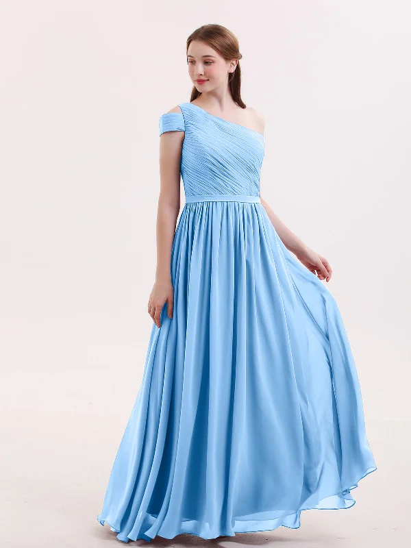 One Shoulder Bridesmaid Gown with Sash-Blue