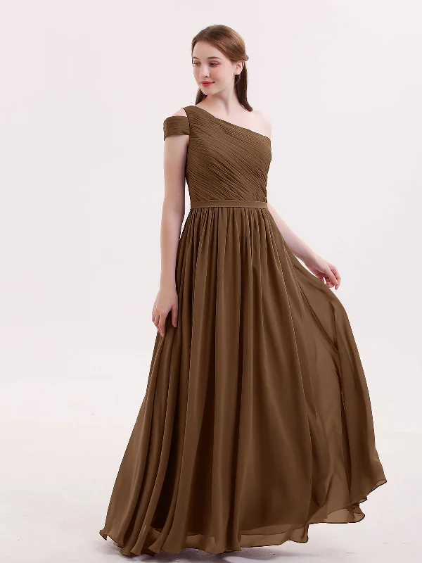 One Shoulder Bridesmaid Gown with Sash-Brown