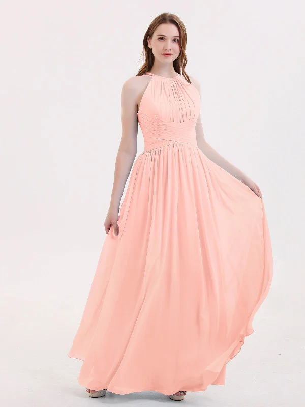 Double Strap Halter Long Chiffon Gowns-Coral