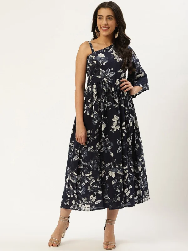 Women's Indigo Blue Floral Printed One Shoulder Cotton A-Line Dress - Nayo Clothing