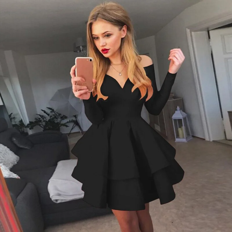 Sixsr Spring Autumn Women Solid Long Sleeve Sexy Clubwear V-neck Off Shoulder Evening Party Dress Red Dresses For Woman Plus Size