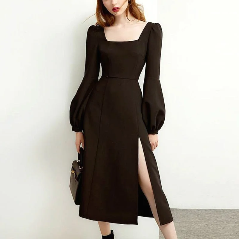 Sixsr Black Retro Split Dress Women Elegant Midi Designer Dress Female Long Sleeve Hepburn Style Chiffon Vintage Dress Fall  Women