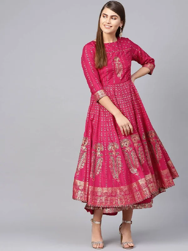 Women's Fuschia Shantoon Gold Foil Print Layered Kurta Dress - Juniper