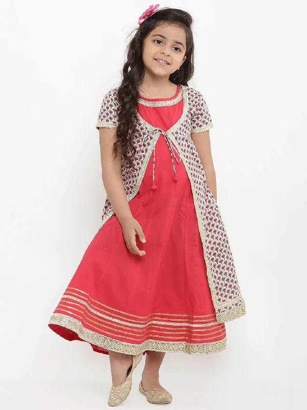 Girl's Red Self Design Fit And Flare Dress  - NOZ2TOZ KIDS