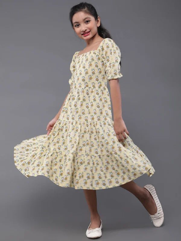 Girl's Yellow Floral Printed Tiered Dress - Aks Girls