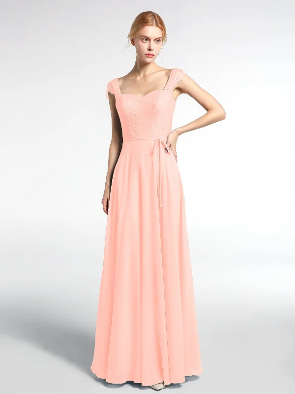 Lace Bodice Chiffon Skirt Dress with Cap Sleeves-Coral