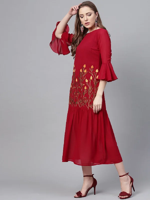 Women's Maroon Georgette Embroidered Gathered Dress - BitterLime