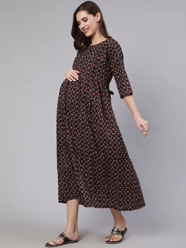 Women's Black Floral Printed Flared Maternity Dress - Nayo Clothing