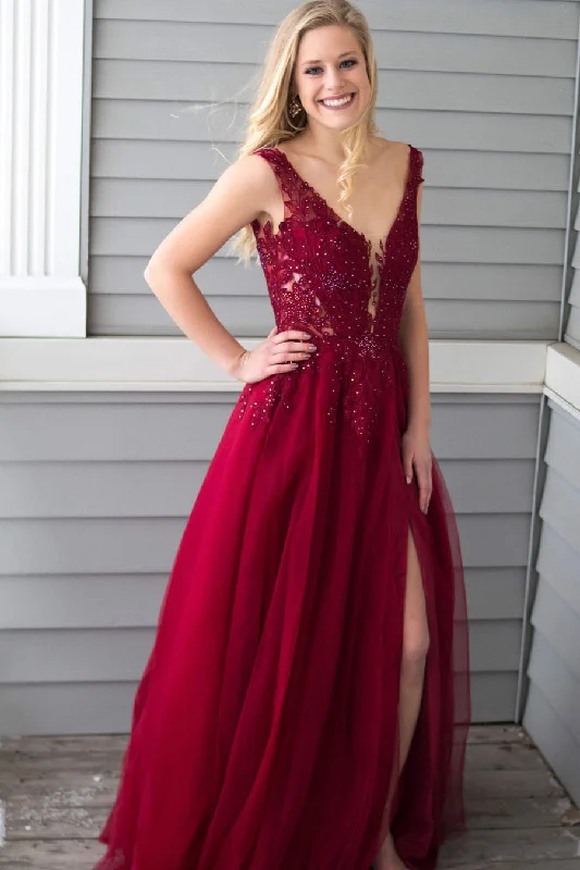 Princess Beading A Line V Neck Red Chiffon Long Prom Dresses with Side Slit OK967