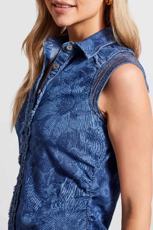 Printed Sleeveless Denim Dress with Rushing