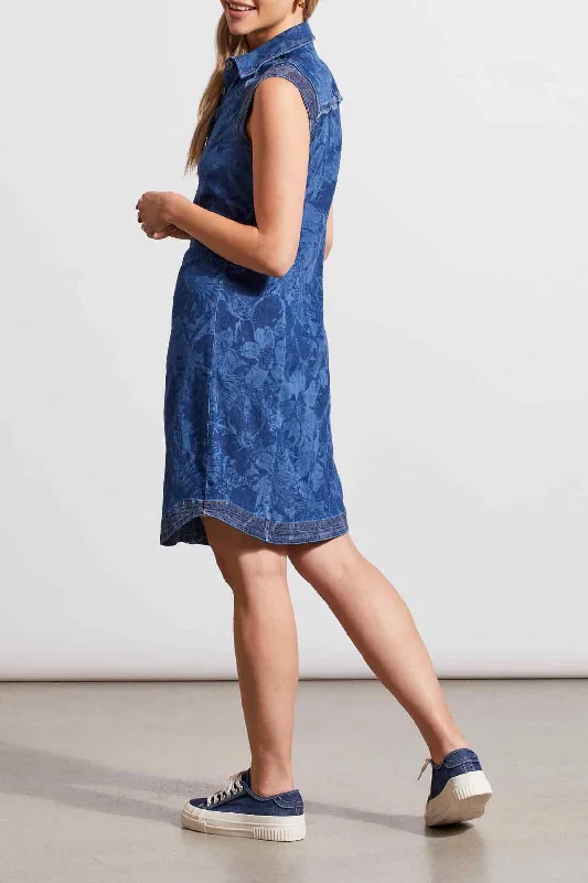 Printed Sleeveless Denim Dress with Rushing