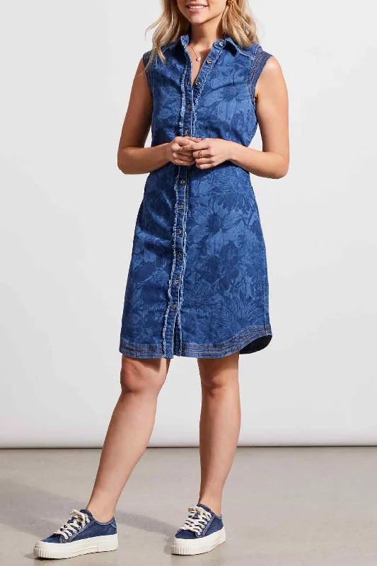 Printed Sleeveless Denim Dress with Rushing