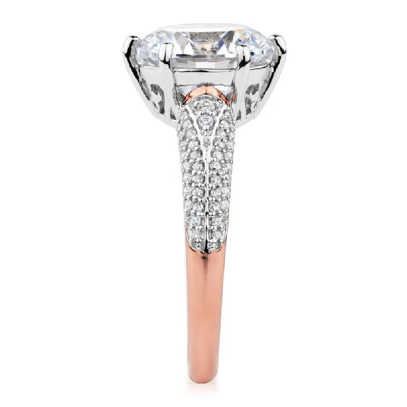 Round Brilliant shouldered engagement ring with 4.08 carats* of diamond simulants in 10 carat rose and white gold