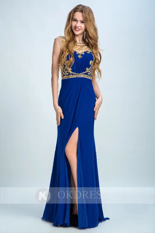 Royal Blue Long Formal Sexy Chiffon Beading Split Prom Evening Dress OK251