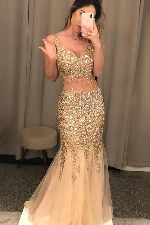 Sexy Beaded Mermaid Long Prom Dress Graduation School Party Gown OK1066