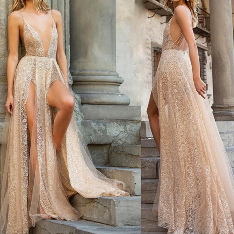 Sexy Lace Spaghetti Straps Backless Long Prom Dresses OKP67