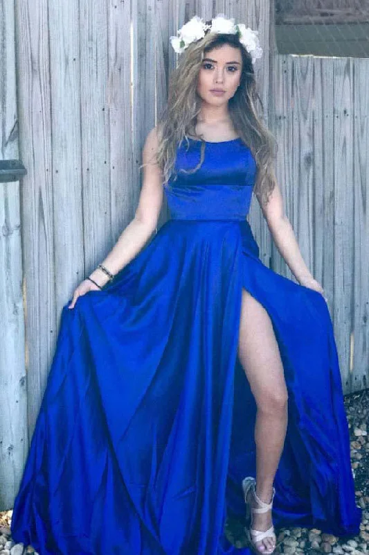 Simple Scoop A Line Split Side Royal Blue Straps Satin Prom Dresses OK762