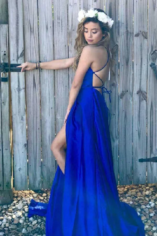 Simple Scoop A Line Split Side Royal Blue Straps Satin Prom Dresses OK762