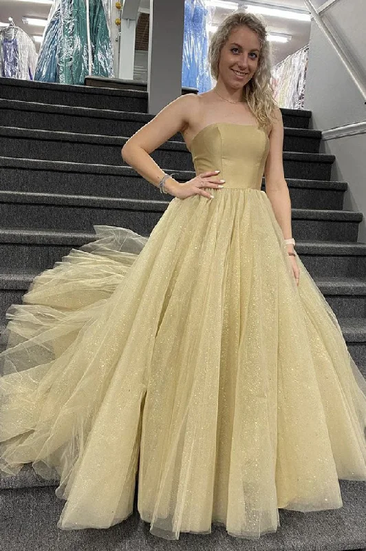 Simple Strapless A Line Tulle Long Prom Dress Formal Evening Dress OK1062