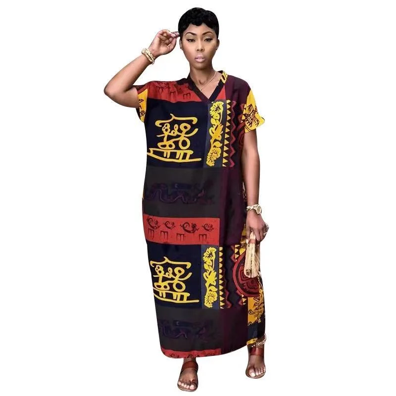 Sixsr New Design  Vintage Pattern Short Sleeve Kaftan Women Maxi Dress Africa Clothing