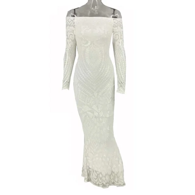 Sixsr Slash Neck Slim Lace Fishtail Dress Party Women Elegant Long Sleeve Embroidered White Dresses Woman Evening Bride Smaid Vestidos