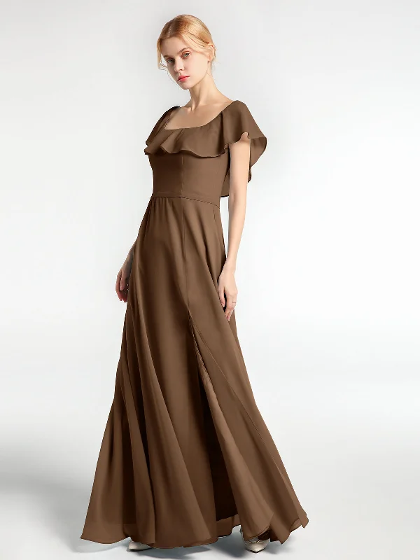 Square Neck Long Chiffon Dress with Front Slit Brown