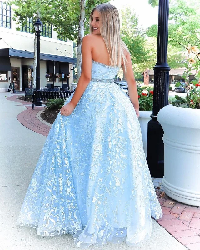 Stunning A-line Strapless Sky Blue Lace Beaded Long Prom Dress Evening Dress OKT2