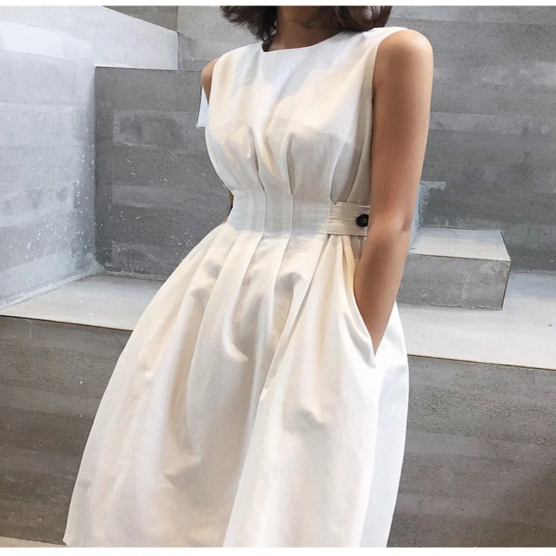 sixsr Summer Women Solid White Black Fashion Elegant Casual Party Dress O neck Sleeveless Tank Sundress Female Vestido