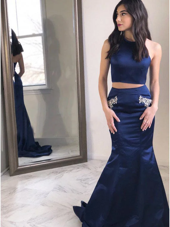 Two Piece Halter Backless Mermaid Navy Blue Prom Dress with Beading Pockets OKR9