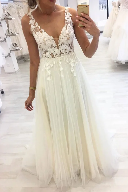 Unique V Neck Lace Applique Long Prom Dresses A Line Tulle Formal Dresses OKQ37