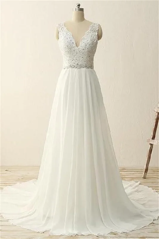 V-neck Ivory Chiffon Beading Long Simple High Quality Cheap Beach Wedding Dress W23