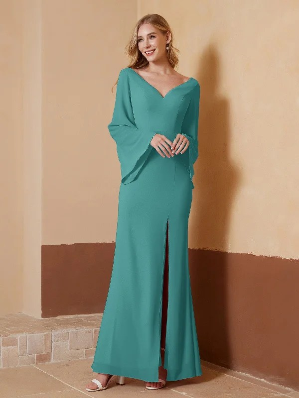 V-neck Sheath Column Chiffon Dress With Slit Jade