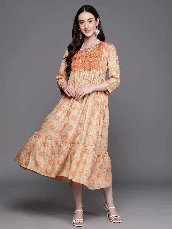 Women's Orange Embroidered A-Line Ethnic Dress - Indo Era