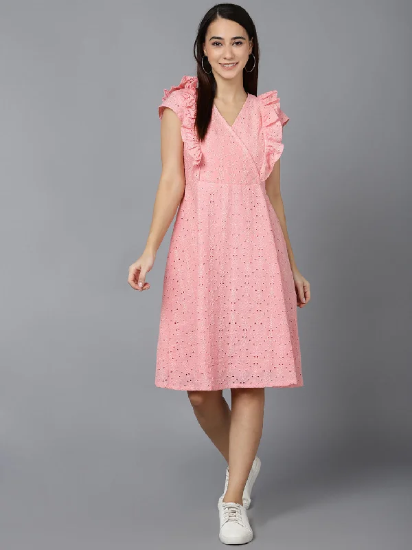 Women's Pink Cotton Solid Printed Dress  - Ahika