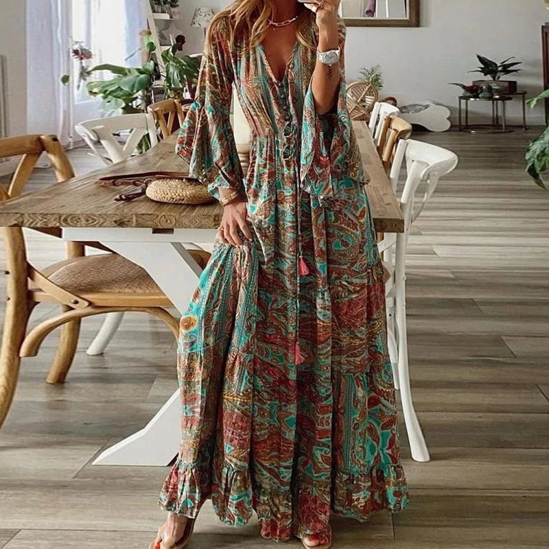 Sixsr Women Chic Retro Floral Print Boho Dress Spring 3/4 Flare Sleeve Ruffle Maxi Dress Summer V Neck Button Beach Holiday Dress