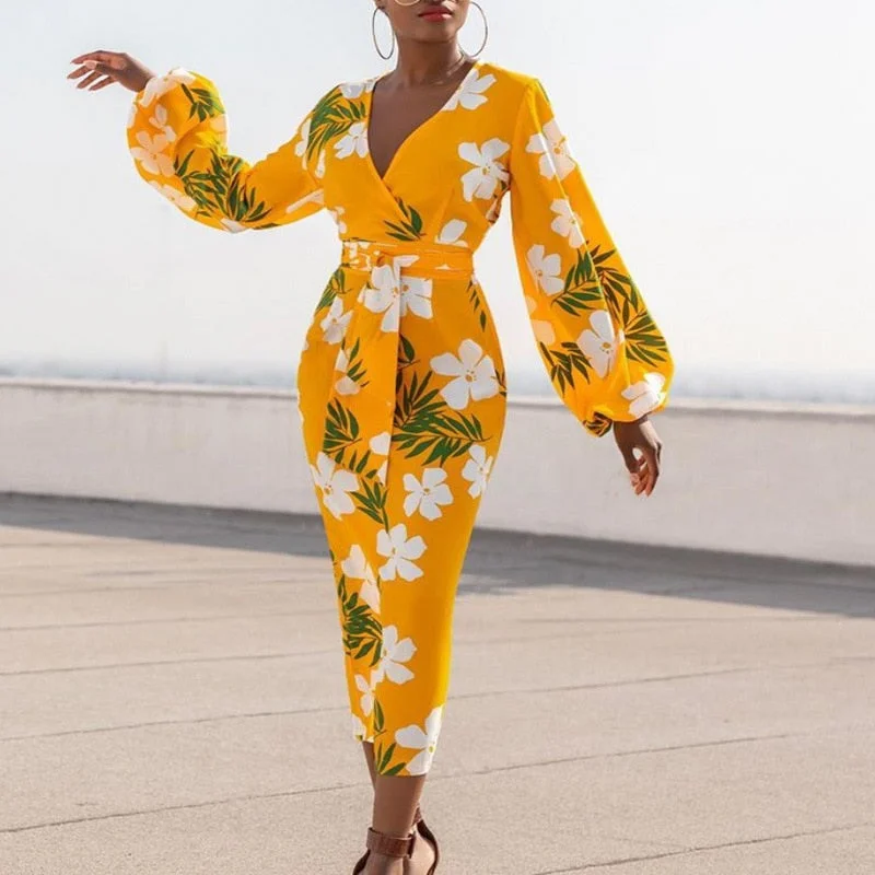 Sixsr Yellow Printed Dress V Neck White Flower Long Lantern Sleeve Bodycon High Waist Women Vestidos African Ladies Plus Size XL Robes