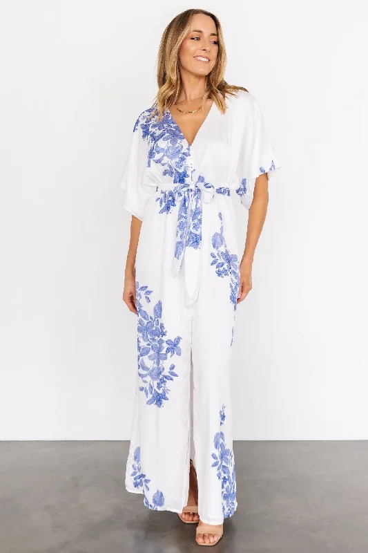 Florina Kimono Maxi Dress | White + Blue Off-shoulder maxi dresses